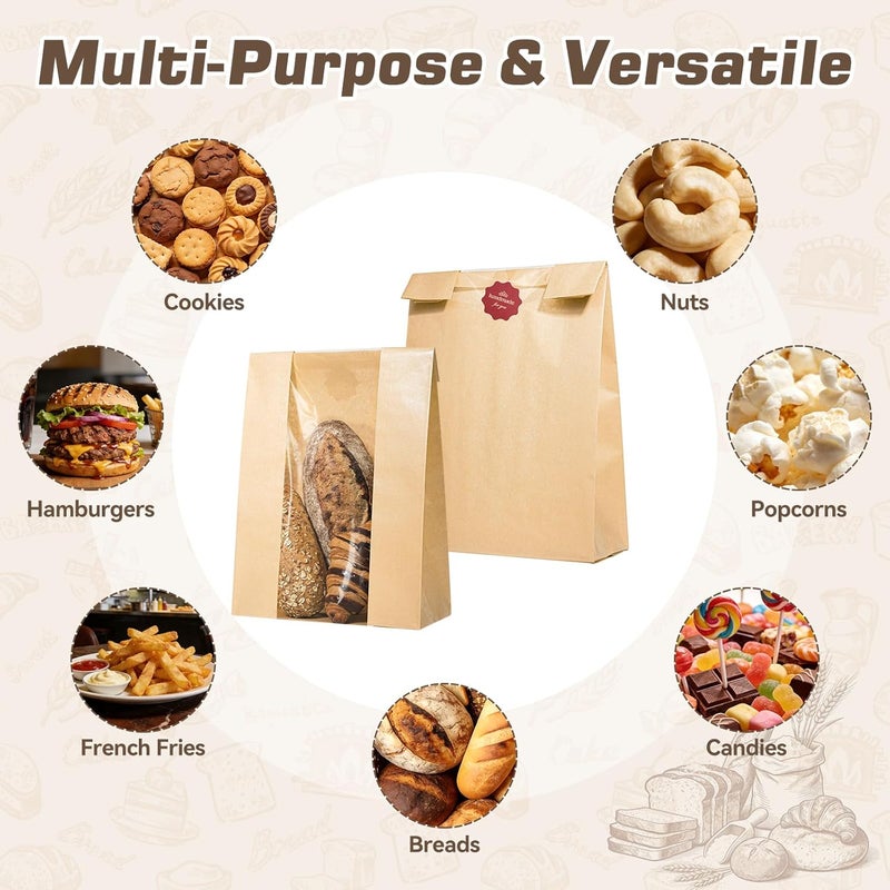 IMagicoo 25 Pcs Bread Bags for Homemade Bread, Paper Sourdough Bags with window, Large Bakery Loaf Bag with Stickers for Cookies, Popcorns, Hamburgers (25, 14.2"x8.3"x3.6") - Image 5
